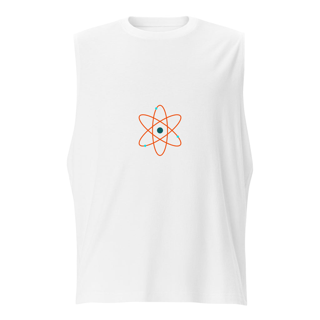 T-shirt sans manches sport design original blanc avec motif atomique orange et bleu Athomic Wellness