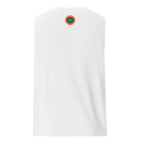Dos d'un t-shirt blanc Athomic Wellness avec petit logo circulaire orange et bleu