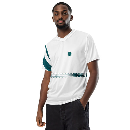 T-shirt unisexe blanc bandes racing avec manches courtes porté par homme athlétique