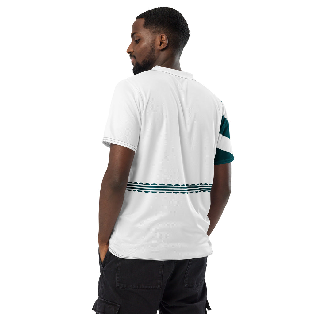 T-shirt unisexe blanc bandes racing Athomic Wellness vue arrière avec manches courtes et design bandes