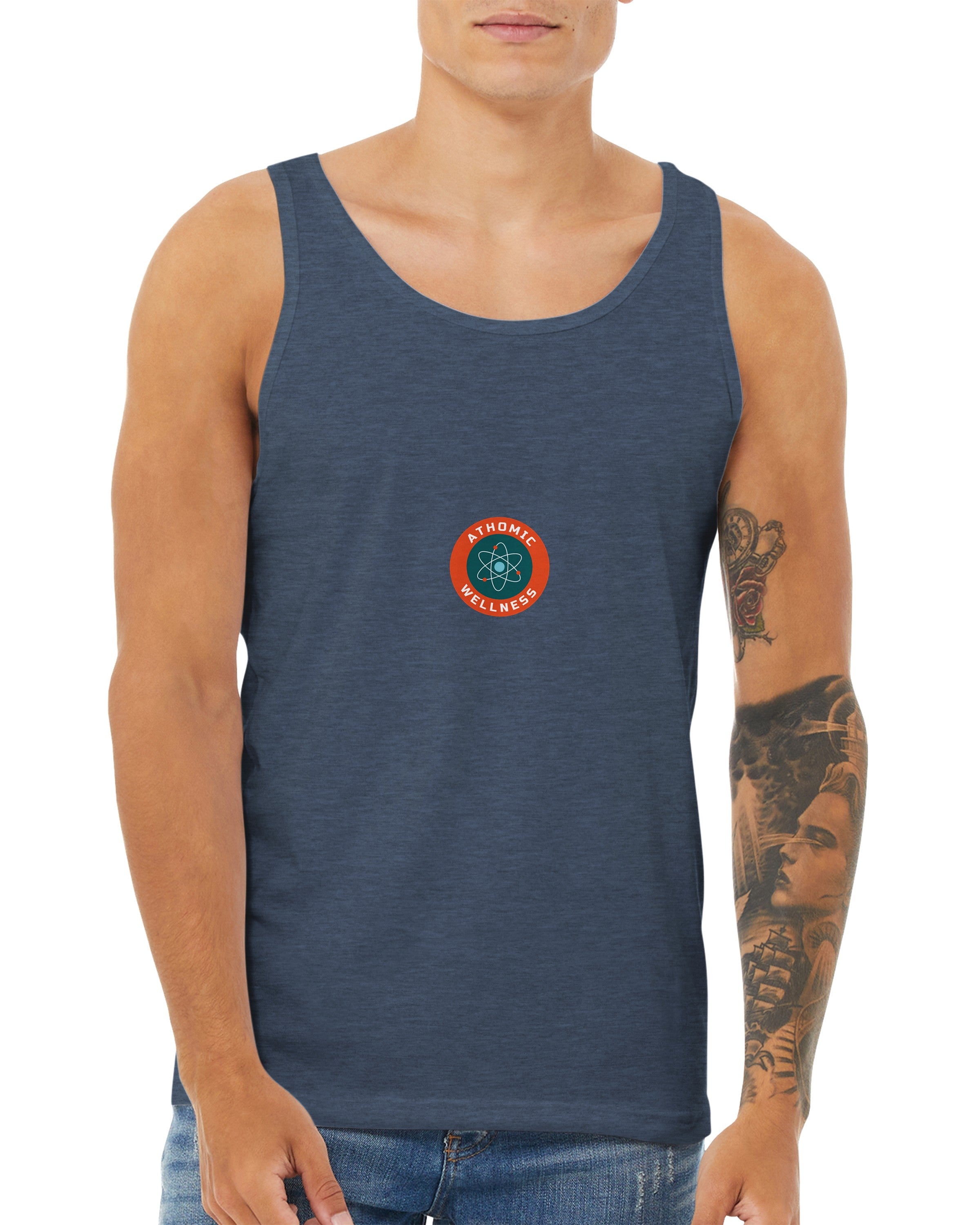 Débardeur Athomic Wellness La gravité insiste, la posture s’ajuste – Heather Navy – vue face portée