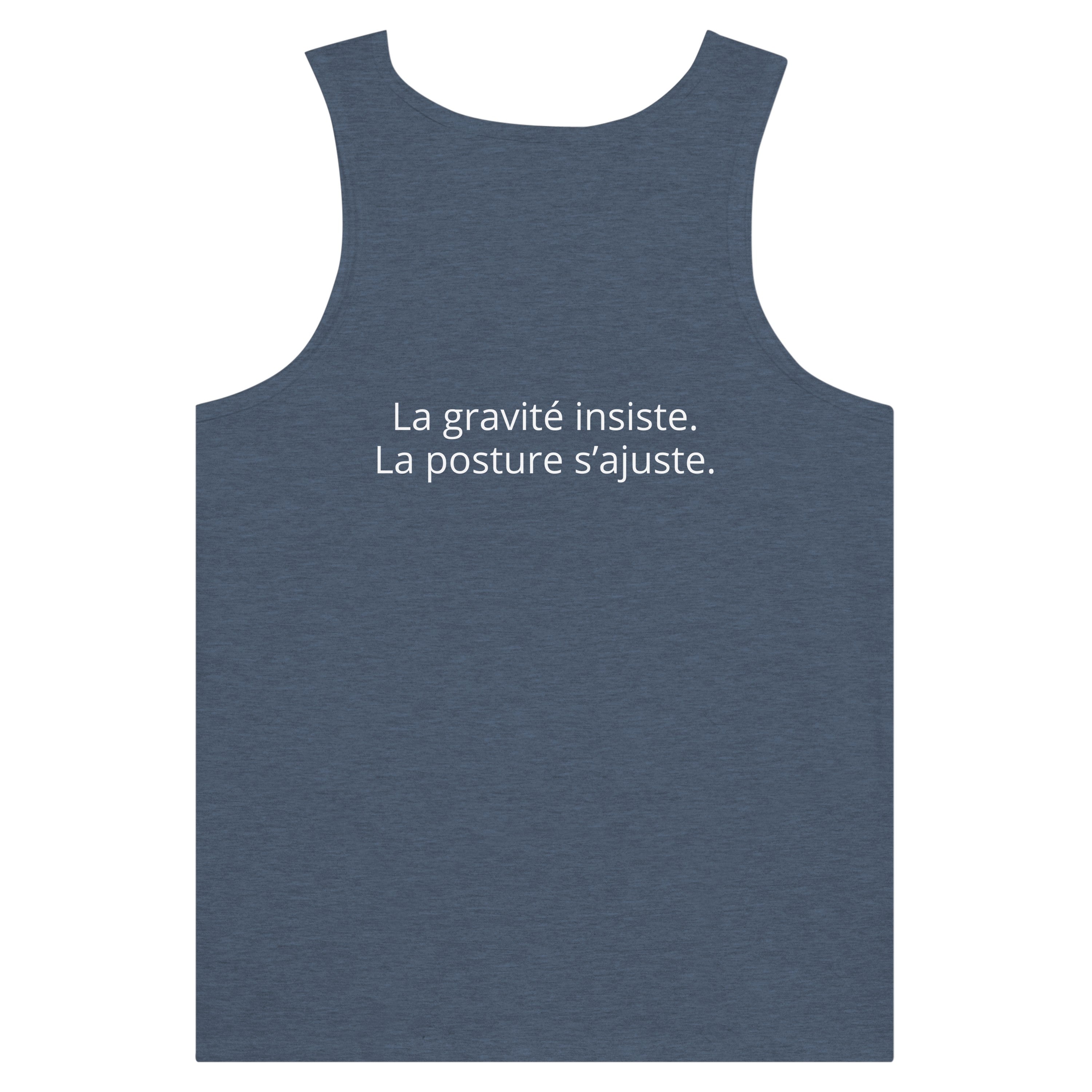 Débardeur Athomic Wellness La gravité insiste, la posture s’ajuste – Heather Navy – vue dos à plat