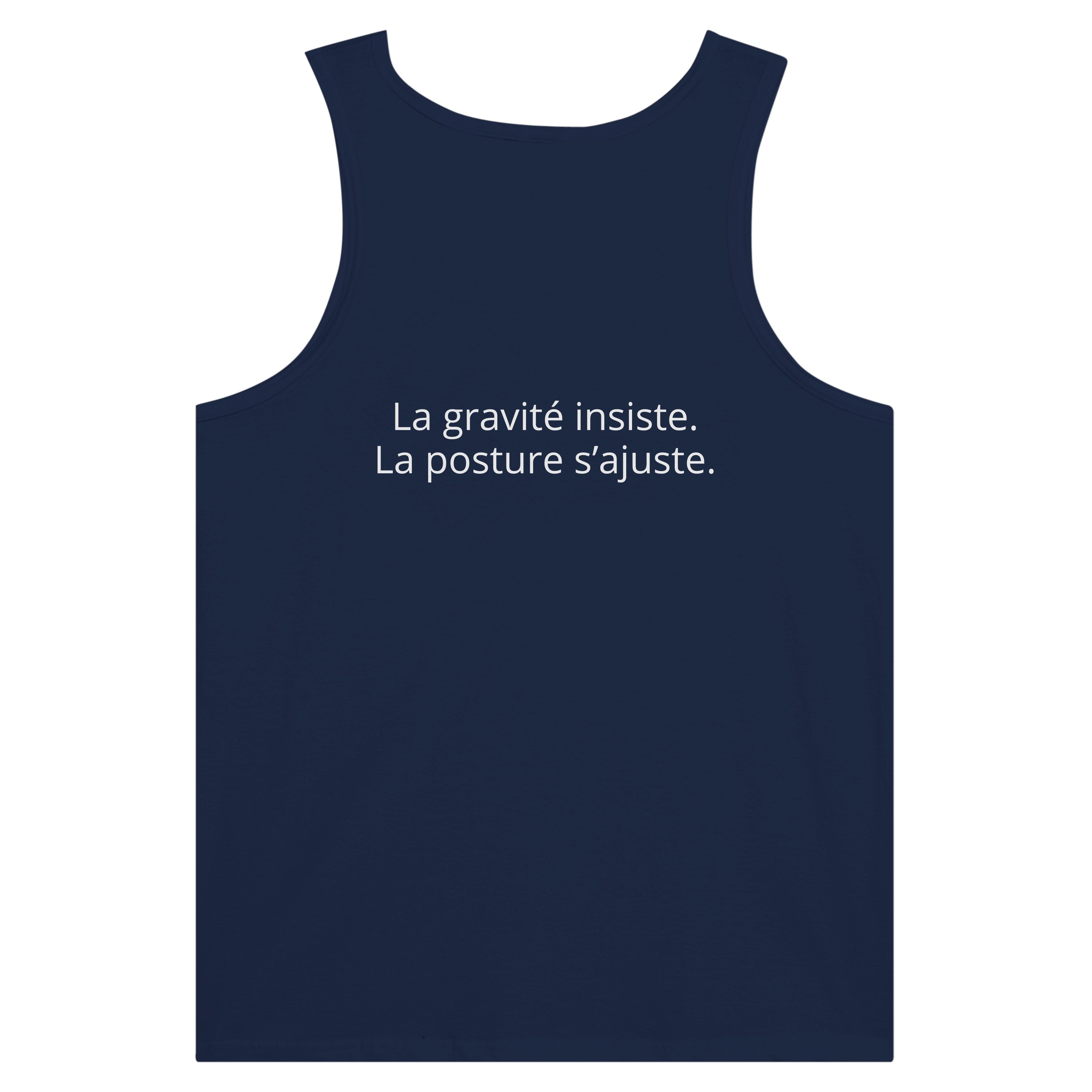 Débardeur Athomic Wellness La gravité insiste, la posture s’ajuste – Navy – vue dos à plat