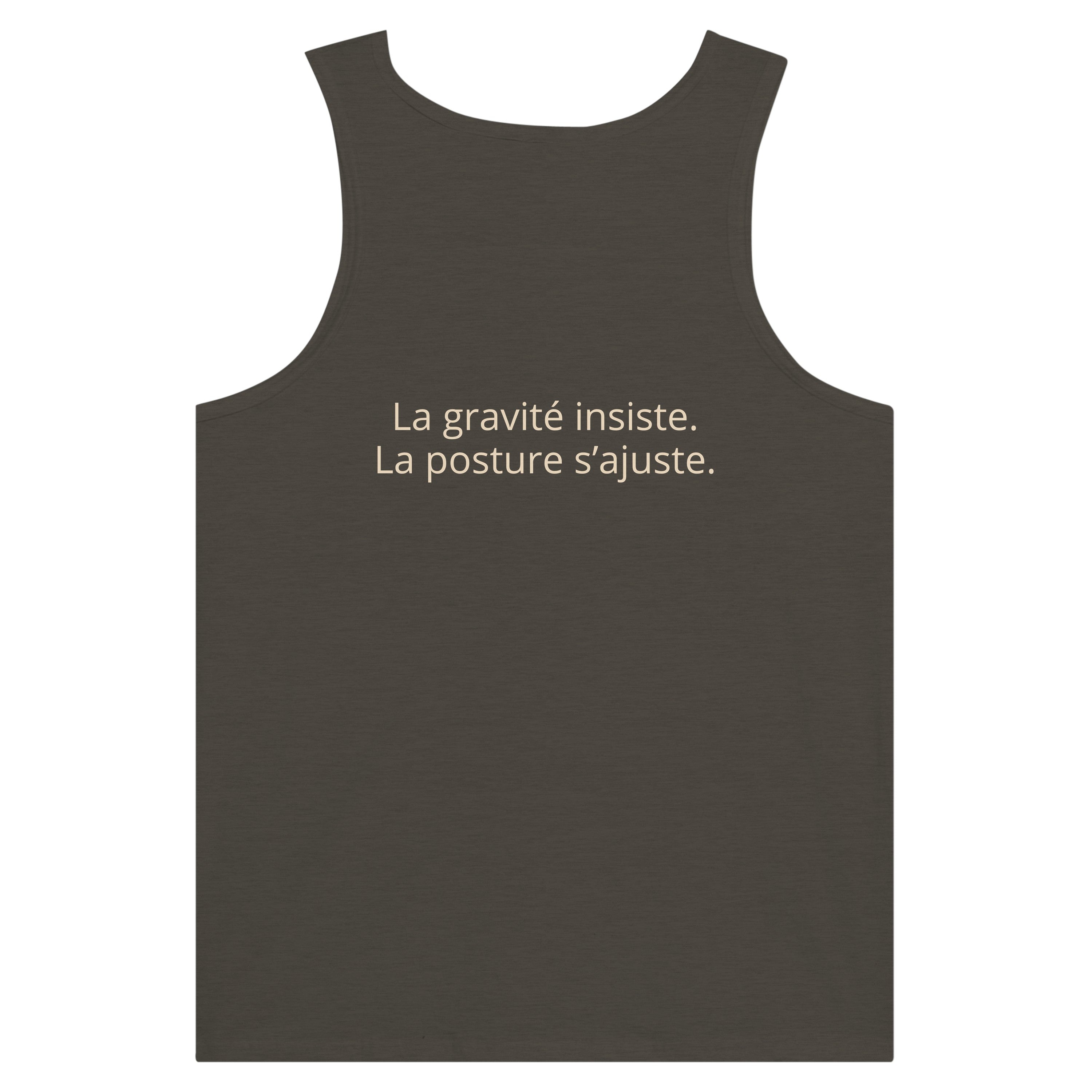 Débardeur Athomic Wellness La gravité insiste, la posture s’ajuste – Triblend Black Heather – vue dos à plat